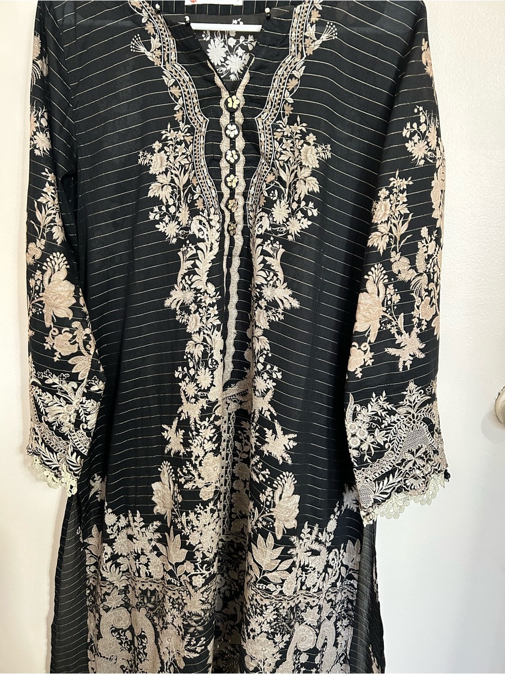 Women's Black and Cream Floral Embroidered Tunic